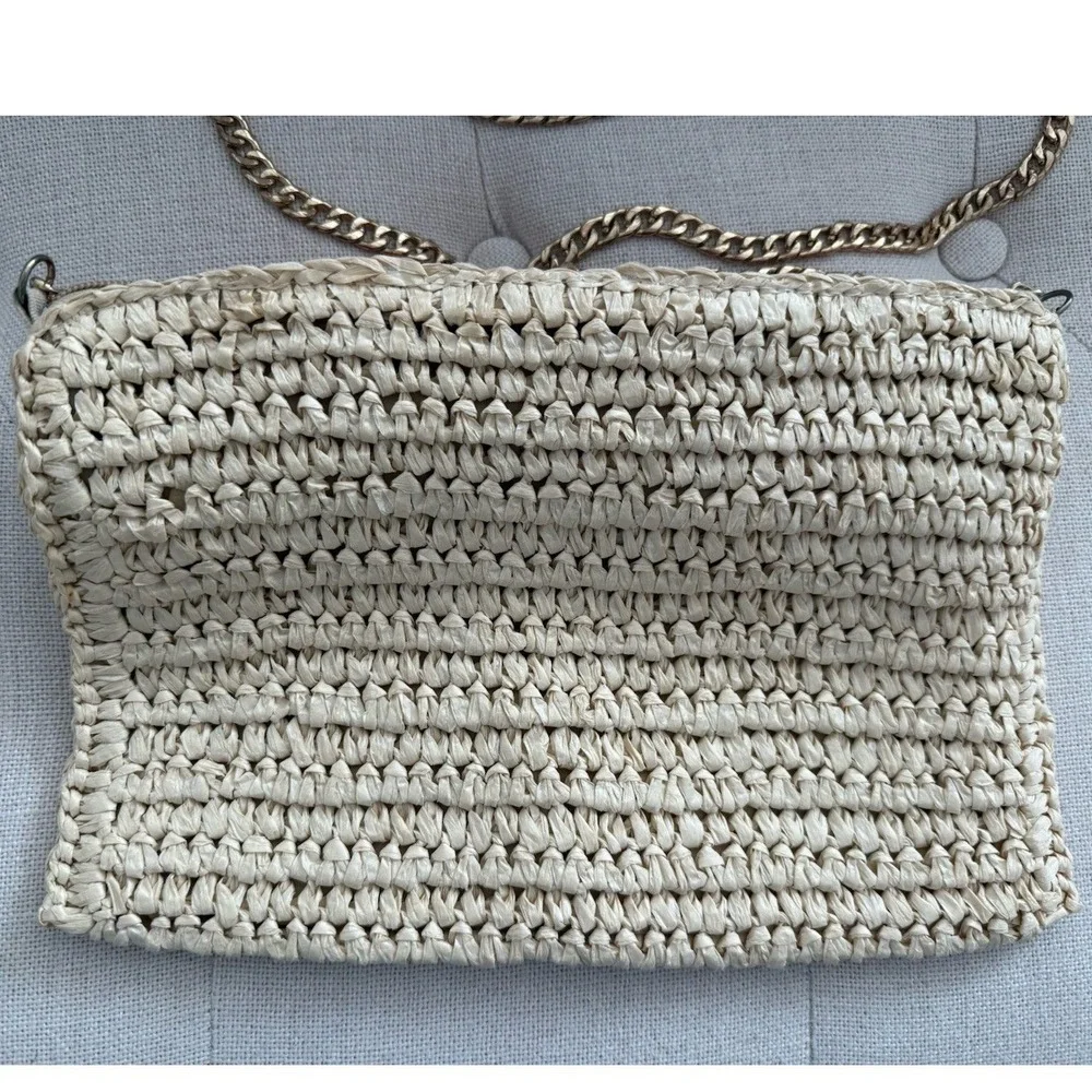Pom Pom Crossbody Purse Straw Crochet Bag‎ 7.5H X 11.5L Shinny Gold Chain 22